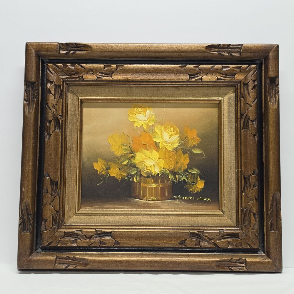 Robert Cox Signed Framed Floral Still Life Oil Painting Yellow Roses Vase Canvas